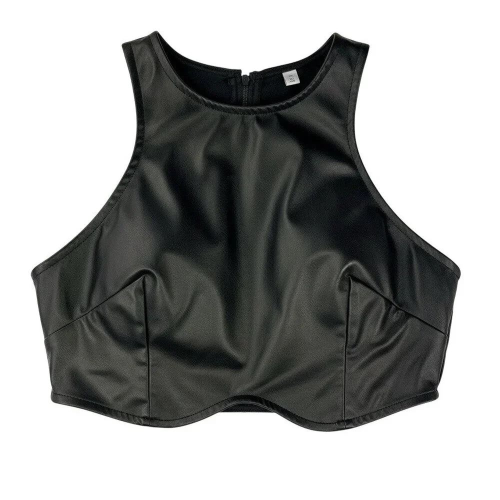Black Faux Leather Corset Style Crop Top Sleeveless Underbust Size M - Picture 3 of 11